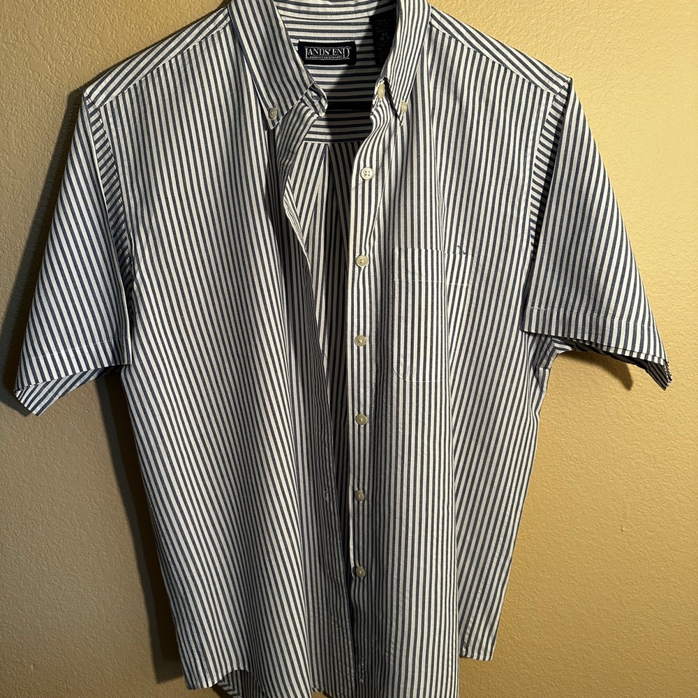 Lands’End Blue and White Striped Blouse With Short Sleeves—Size M (10-12)